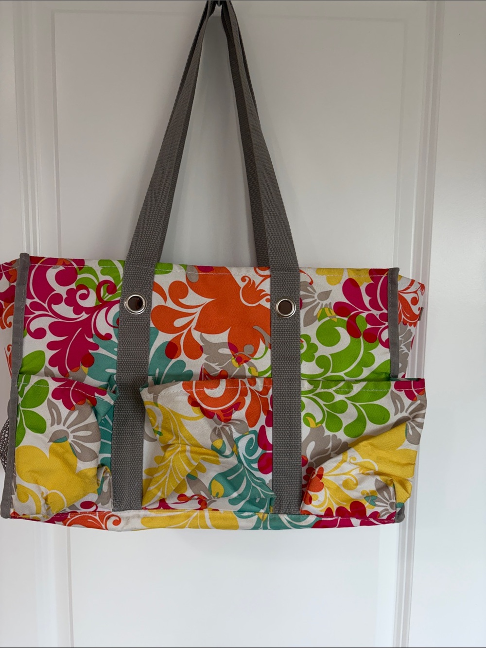 Thirty-One Floral Canvas Tote Bag with Gray Straps
